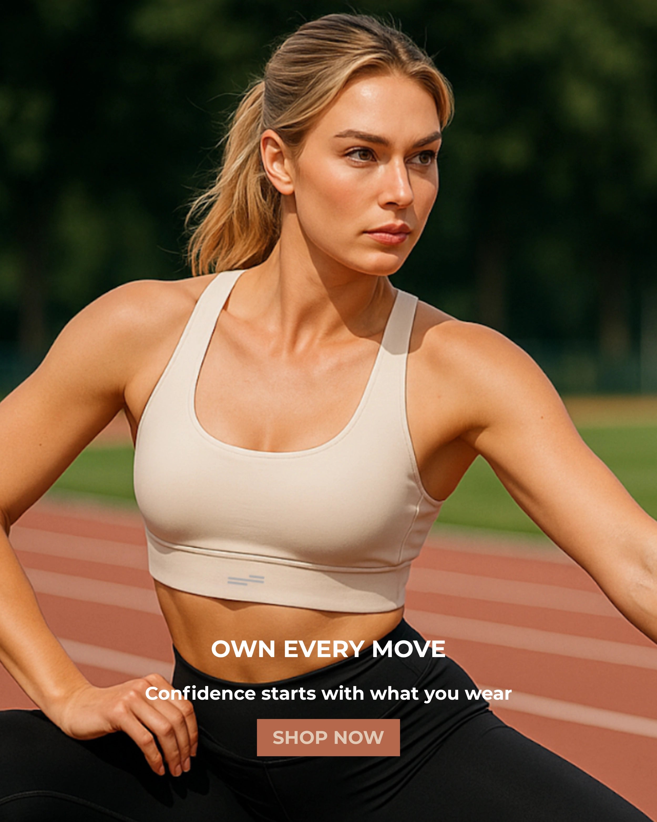 Woman in athletic wear on a track with promotional text overlay