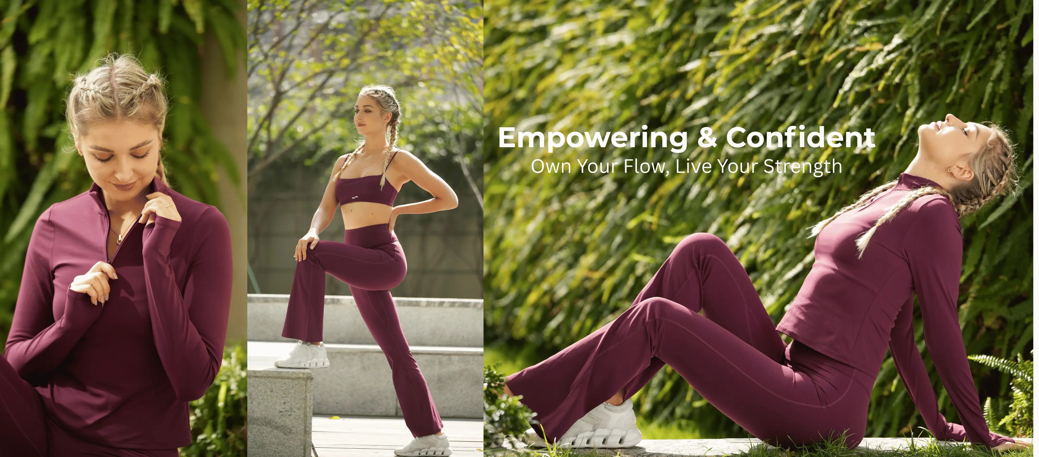 Woman in a purple outfit exercising outdoors with text 'Empowering & Confident' and 'Own Your Flow, Live Your Strength'.