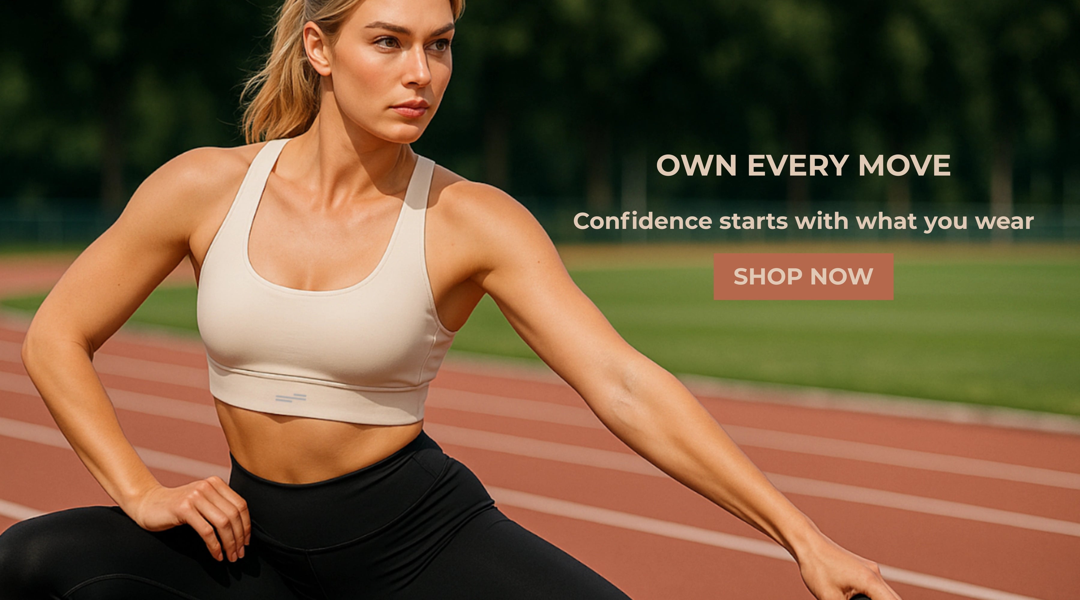 Woman in athletic wear on a track with promotional text overlay