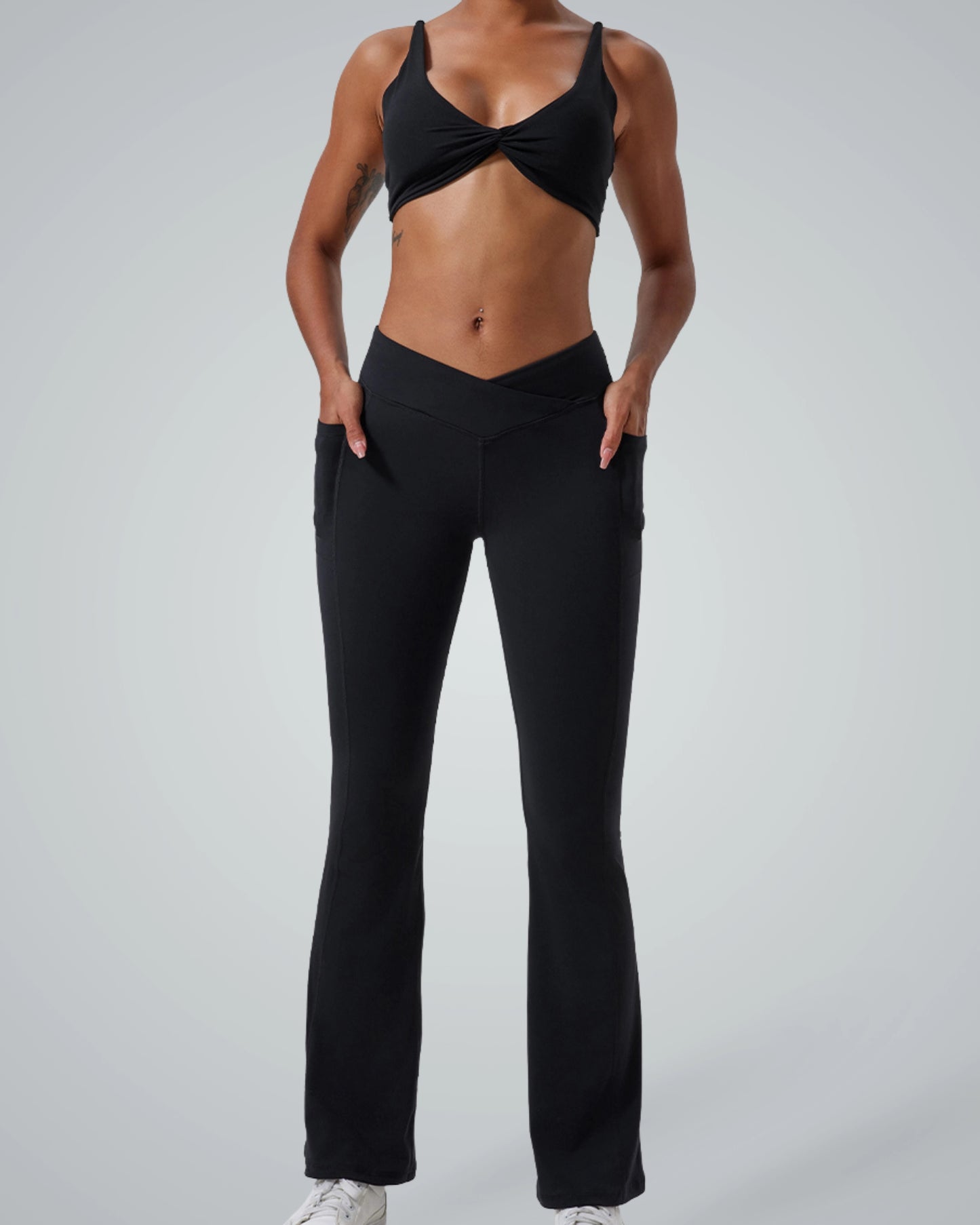 Bandsam SculptEase Set: Two-piece activewear with twist-front bra and flared trousers. Ideal for gym or casual wear. Stylish athleisure co-ord.