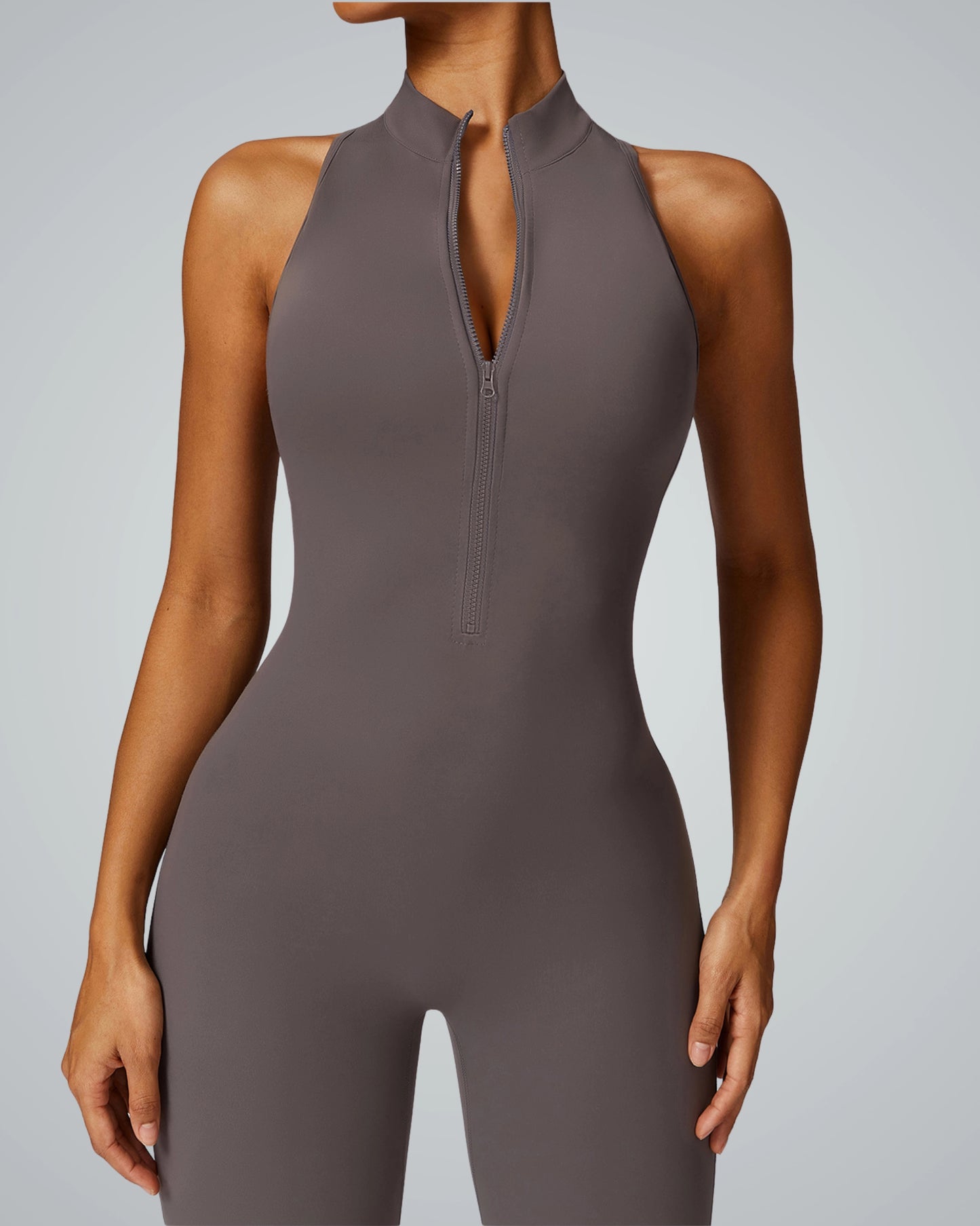Bandsam VelocityVibe Jumpsuit: high-neck, zip design, women's activewear ideal for yoga, pilates, and lounging. Stretchy comfort.