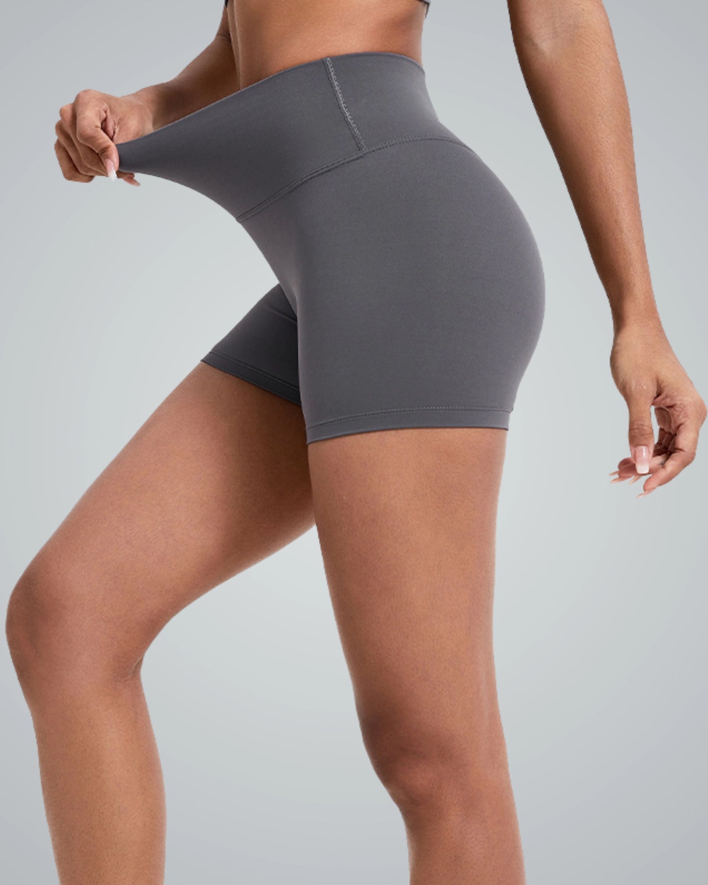 Bandsam VibrantMove Shorts for women in dark gray, showcasing stretch and flexibility, perfect for yoga, pilates, workouts, and lounging.