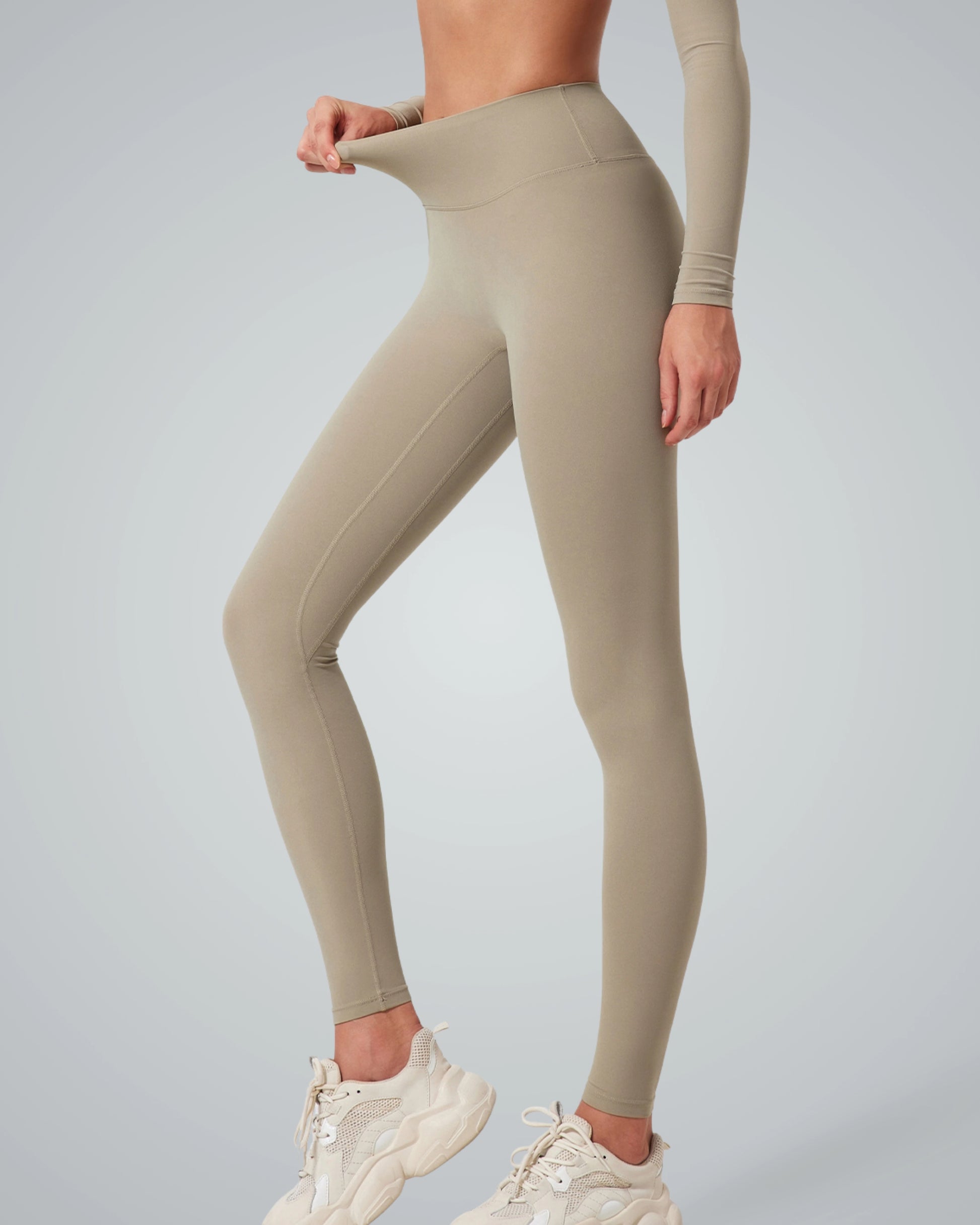 Bandsam AllureFit Leggings on woman showcasing flexible, soft activewear for workout, yoga, pilates, comfort, support.