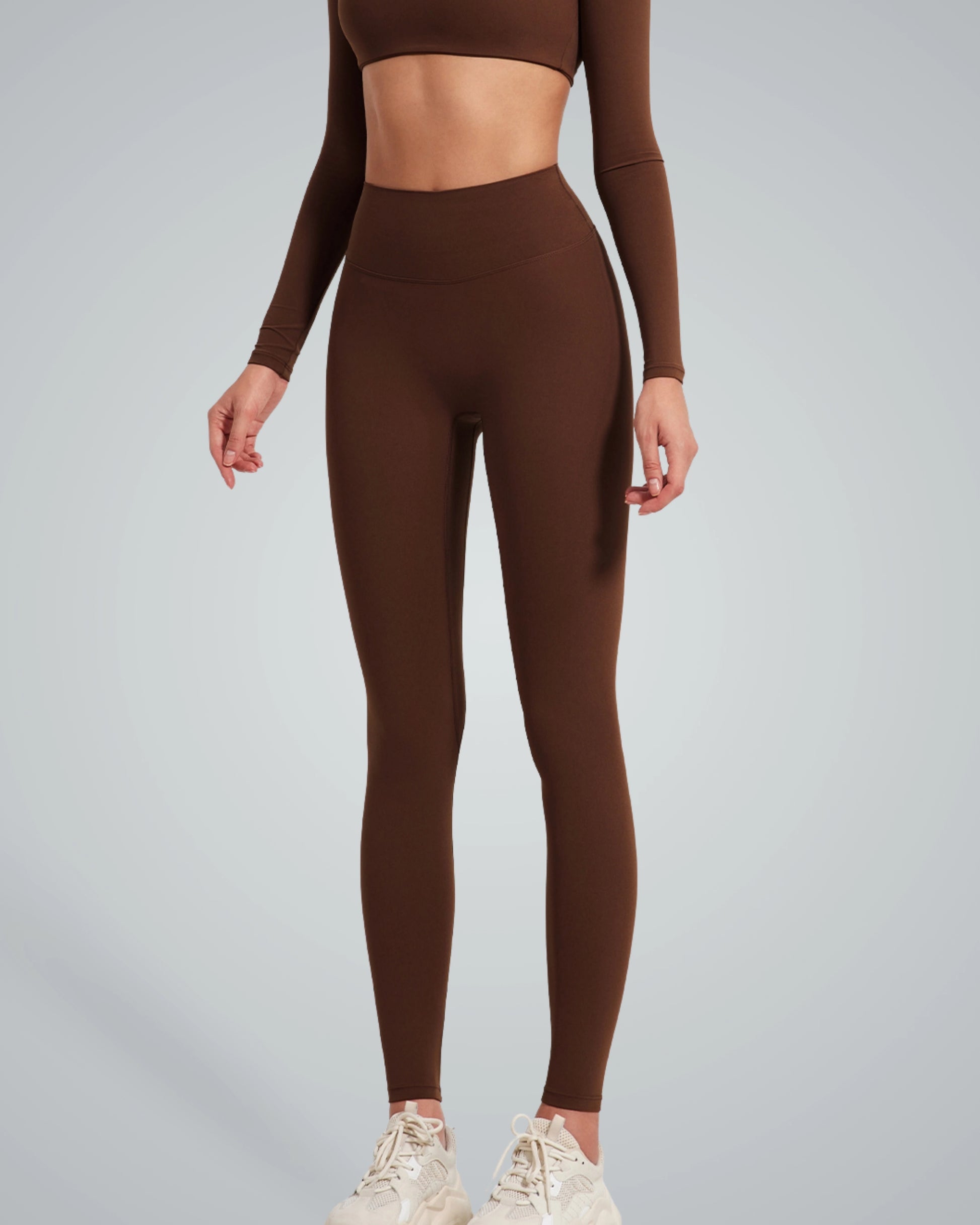Alt Tag: Bandsam AllureFit Leggings in brown, offering stretch, comfort, and support for workout, yoga, pilates, and daily outings.