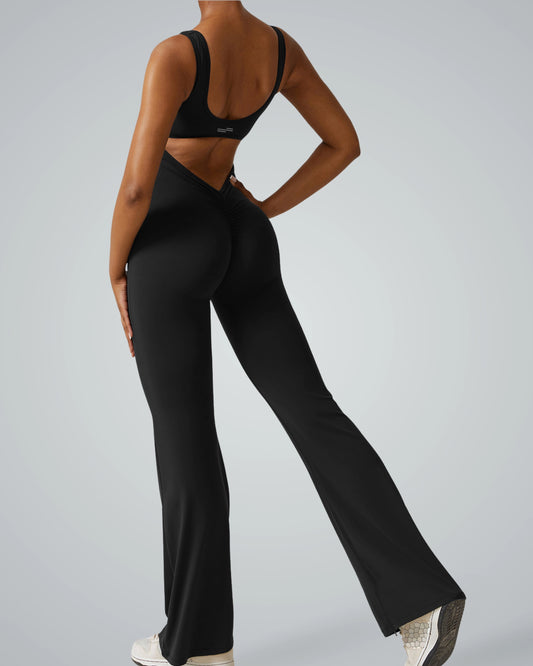 Back view of Bandsam AuraFlow Jumpsuit showcasing flexible, soft fabric and flared legs for women’s activewear and yoga sessions.