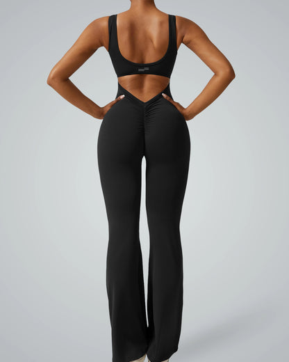 AuraFlow Jumpsuit by Bandsam featuring a sleek, fitted design with flared legs for yoga, lounging, or outdoor activities in comfort and style.