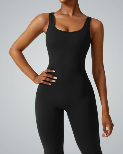 Bandsam AuraFlow Jumpsuit in black, showcasing flexible and comfortable design ideal for women's yoga, pilates, and lounging.