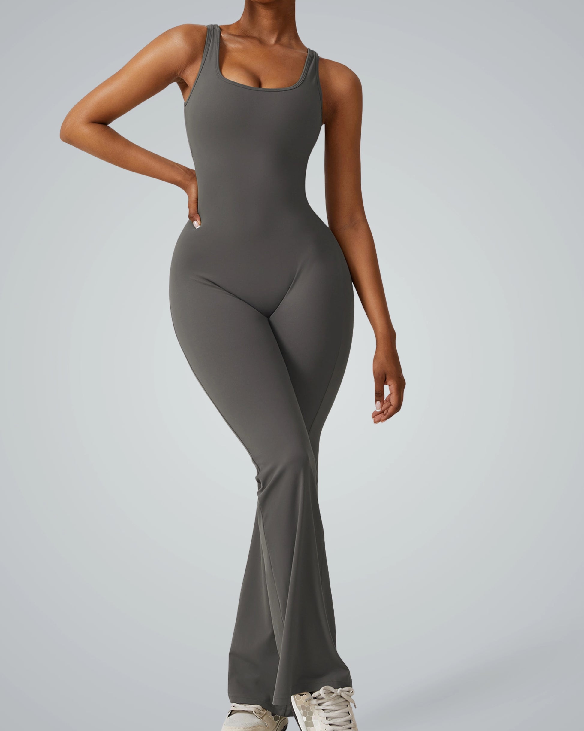 Bandsam AuraFlow jumpsuit for women, featuring stretch fabric, flared legs, ideal for yoga, pilates, workout, and relaxation.