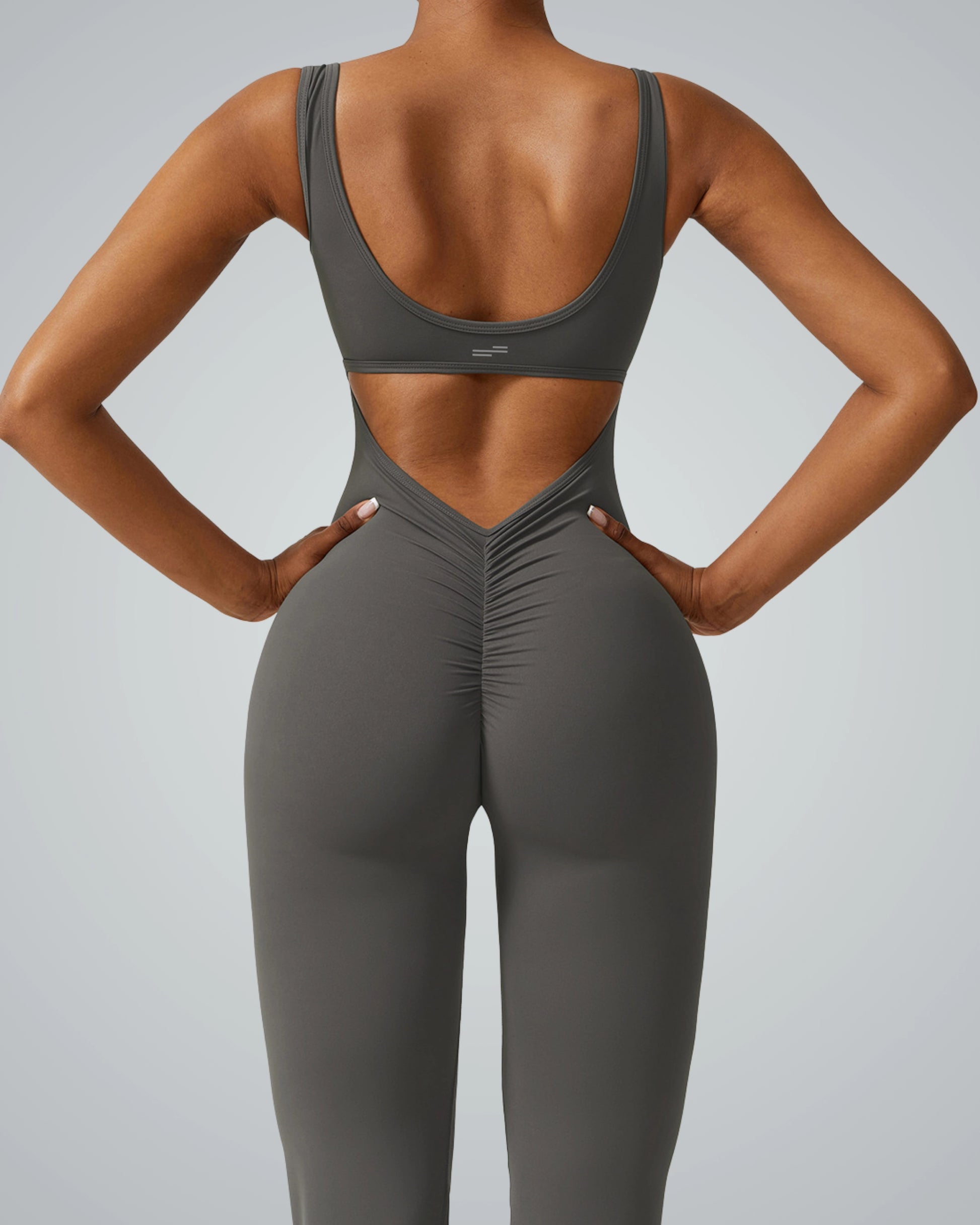 Back view of Bandsam AuraFlow Jumpsuit showcasing stretch, comfort, and support for women's activewear, yoga, pilates, and lounging.