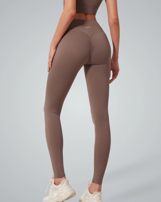 Back view of Bandsam Calm Wave Leggings in brown, showcasing flexible high-rise activewear ideal for yoga, pilates, and lounging.