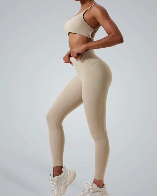 Bandsam ContourCore matching workout set featuring seamless gym yoga set for women in beige; high-waisted sculpting leggings and bra.
