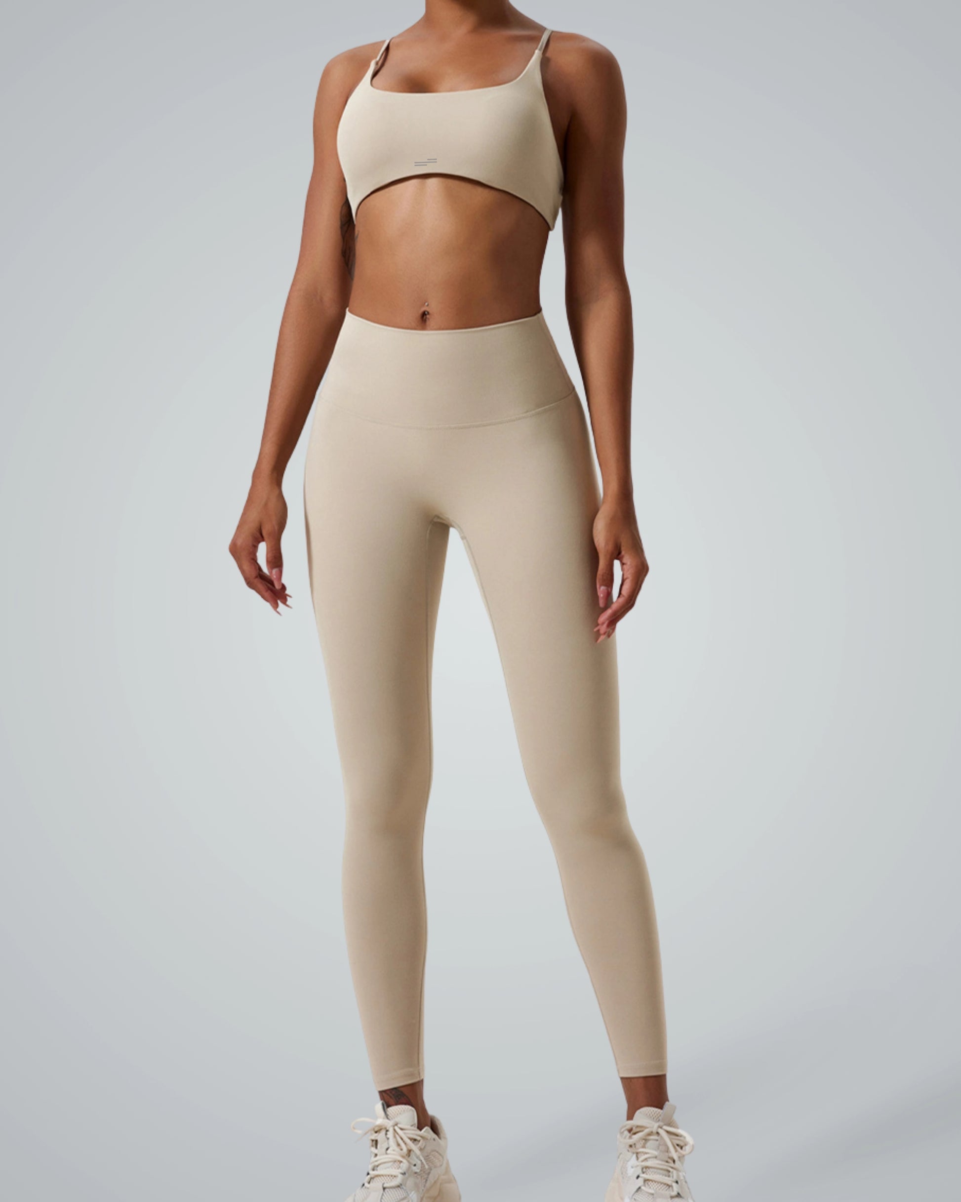 ContourCore Set by Bandsam - Seamless high-waisted leggings and sports bra in beige, perfect yoga set for women, elegant workout co-ord.