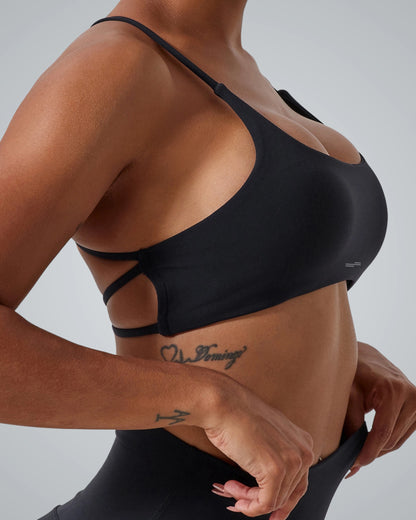 Bandsam CrossFlow Bra for women in black, designed for yoga and workout with stretch, soft, moisture-wicking fabric for activewear.