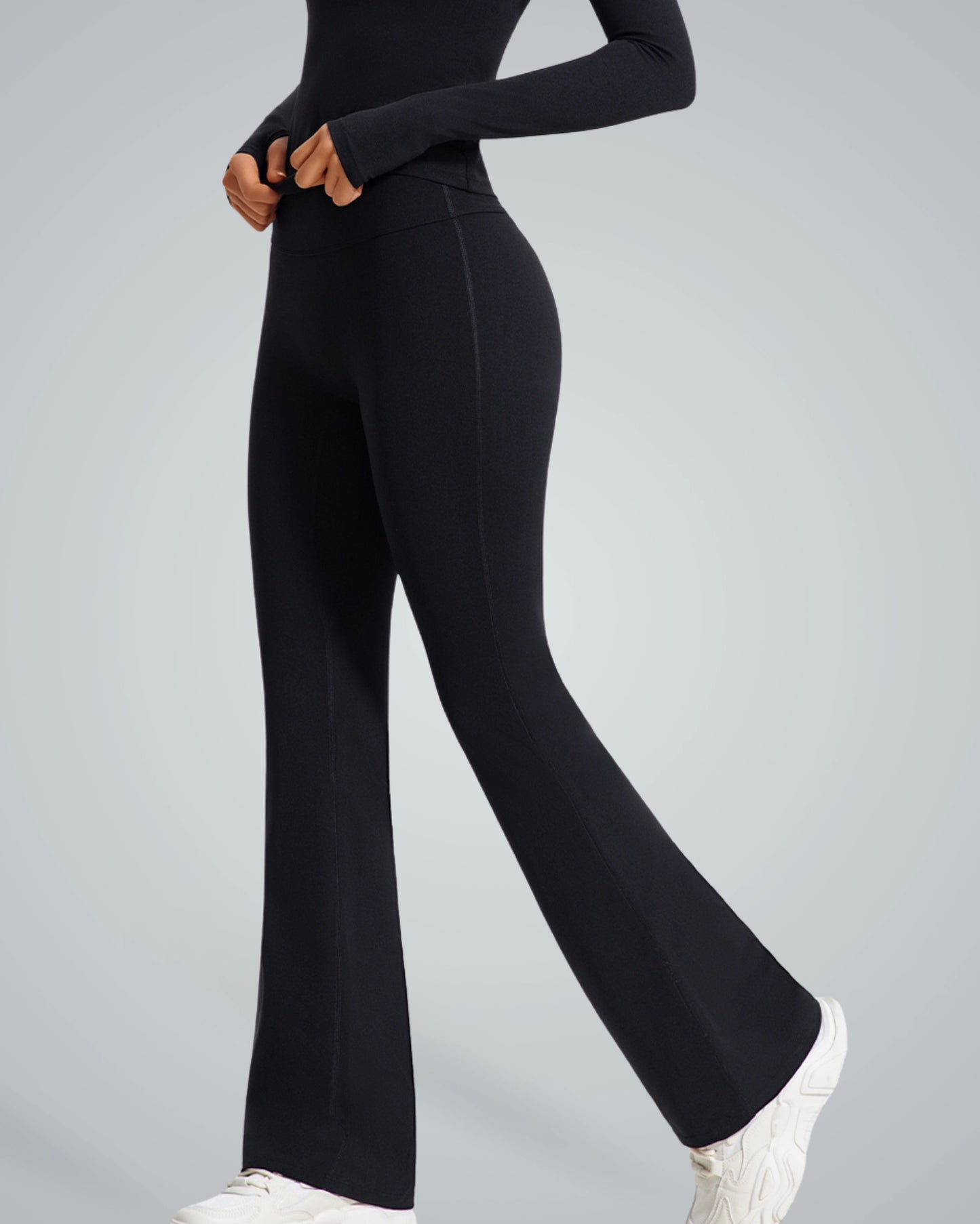 Alt Tag: Bandsam CurvAlign Pants for women, black high-waisted design, stretchy activewear for comfort, support, yoga, and lounging.