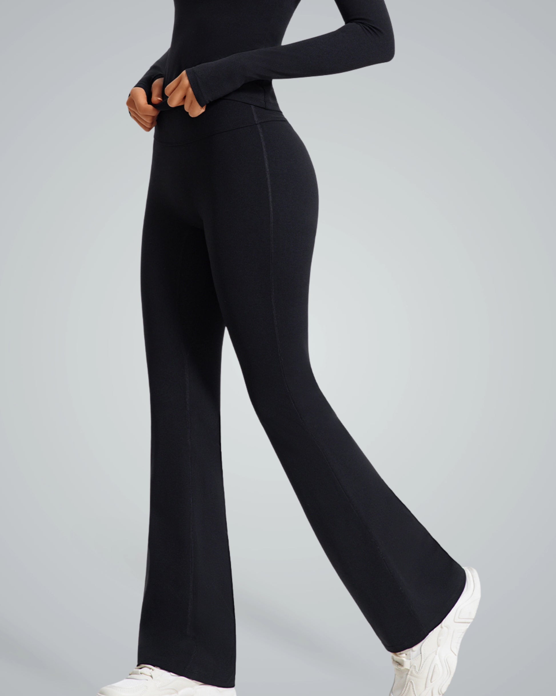 Alt Tag: Bandsam CurvAlign Pants for women, black high-waisted design, stretchy activewear for comfort, support, yoga, and lounging.