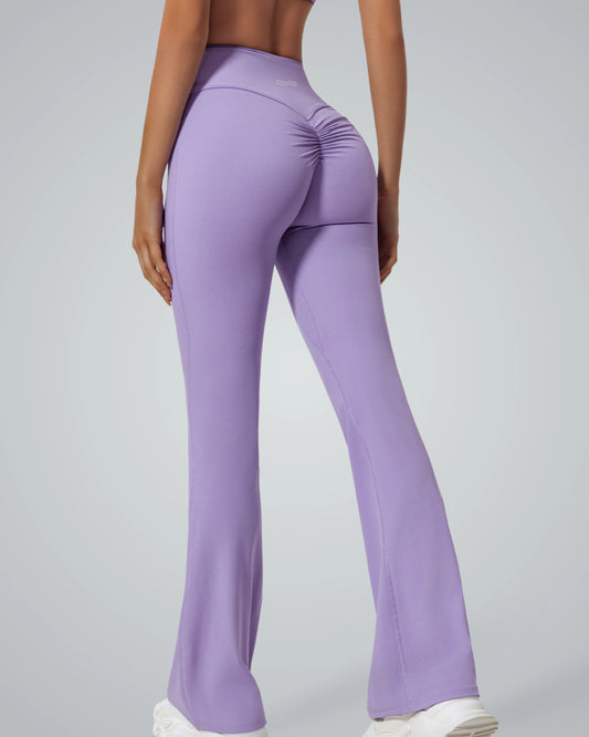 Bandsam CurvAlign Pants in purple, high-waisted design, ruched detailing, stretch fabric for comfort and support, ideal for yoga or lounging.