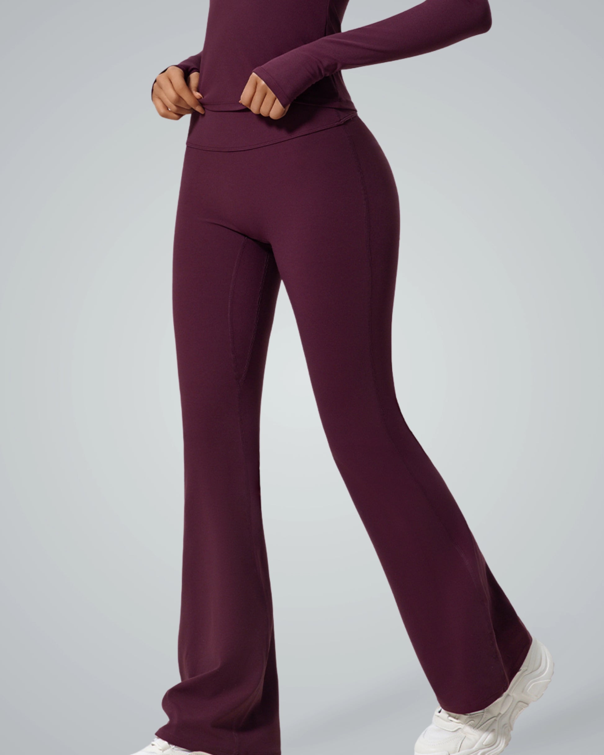 Bandsam CurvAlign Pants in maroon showcasing high-waisted, stretchy activewear ideal for yoga, pilates, and lounging.