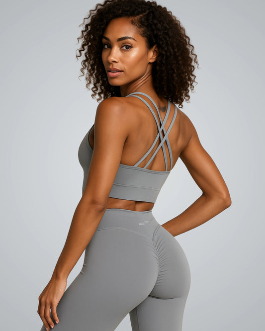 FlexFit Bra – Breathable workout bra for women in soft grey, designed for flexibility and support