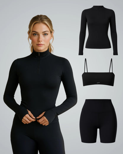 Bandsam FluidForce Set of 4 - seamless activewear collection including high-neck zip-up, sports bra, shorts, and pants in black.