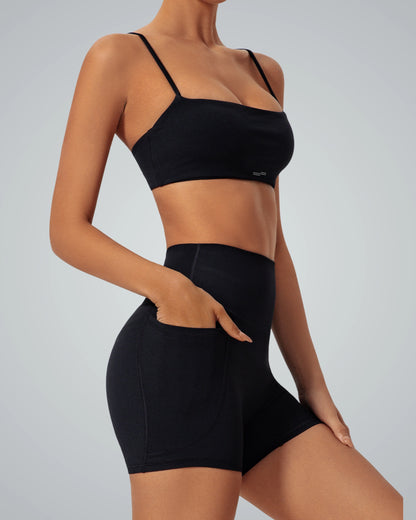 Bandsam FluidForce black sports bra and high-waisted shorts, seamless gym set, sculpting athleisure co-ord, trendy workout wear for women.