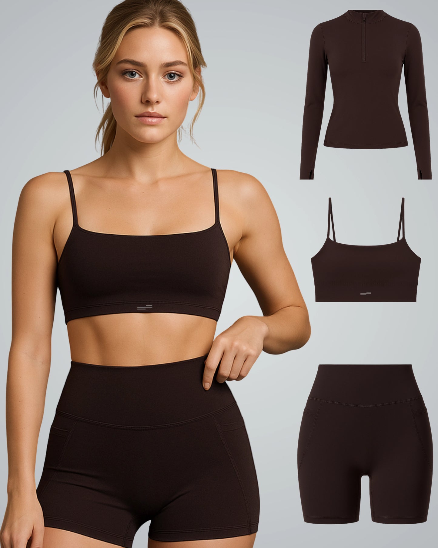 Bandsam FluidForce Set of 4 activewear in brown, featuring sports bra, high-neck zip-up, shorts, and pants for coordinated fitness.