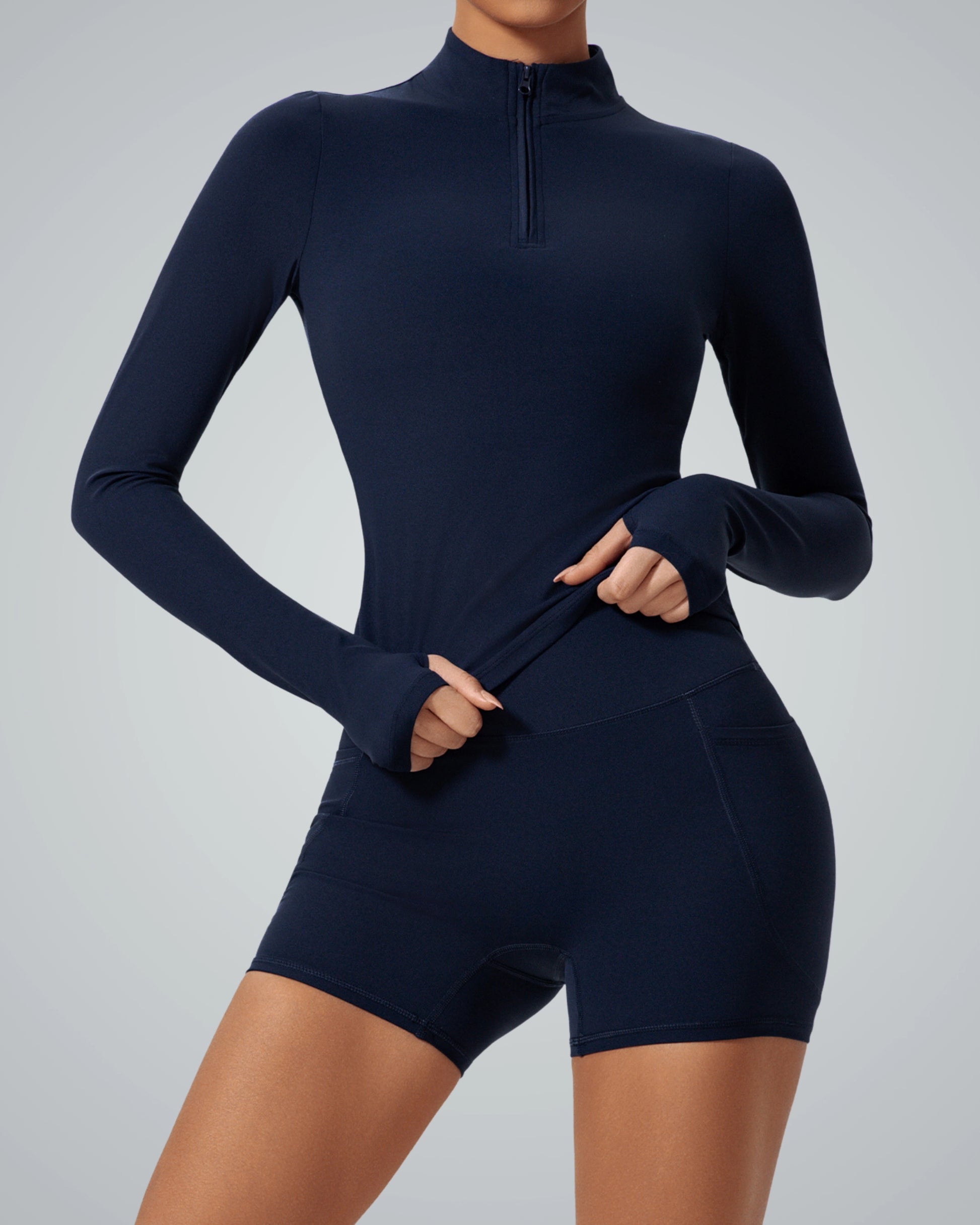 Bandsam FluidForce matching navy workout set with long sleeve top and shorts, perfect for yoga or gym, seamless gym set for women.