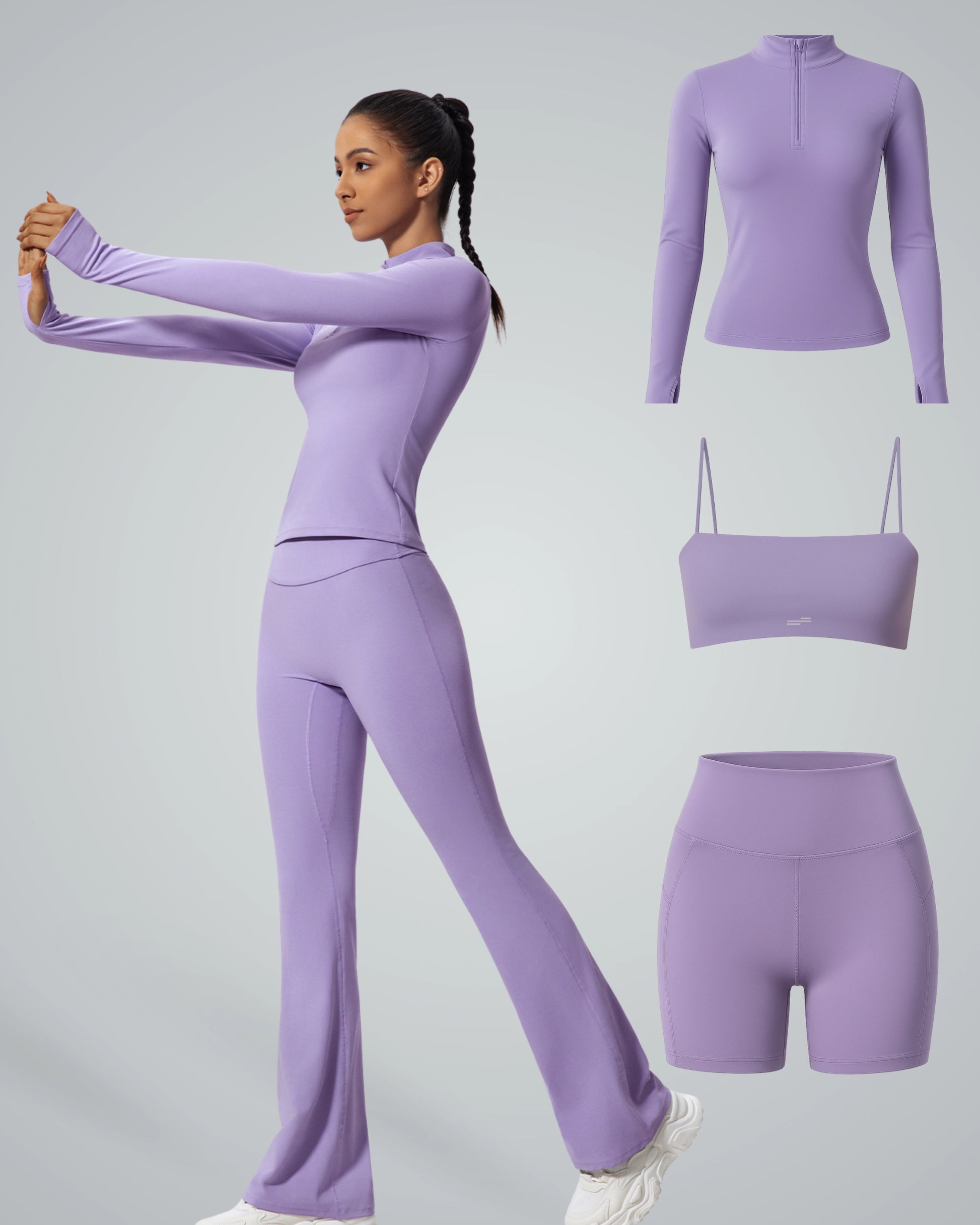 Woman wearing FluidForce Set of 4 by Bandsam, featuring purple high-neck top, sports bra, shorts, and pants for seamless workout style.