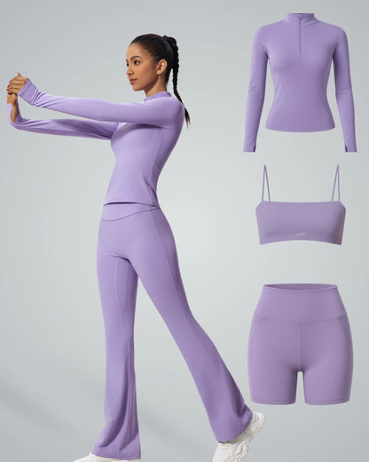 Woman wearing FluidForce Set of 4 by Bandsam, featuring purple high-neck top, sports bra, shorts, and pants for seamless workout style.
