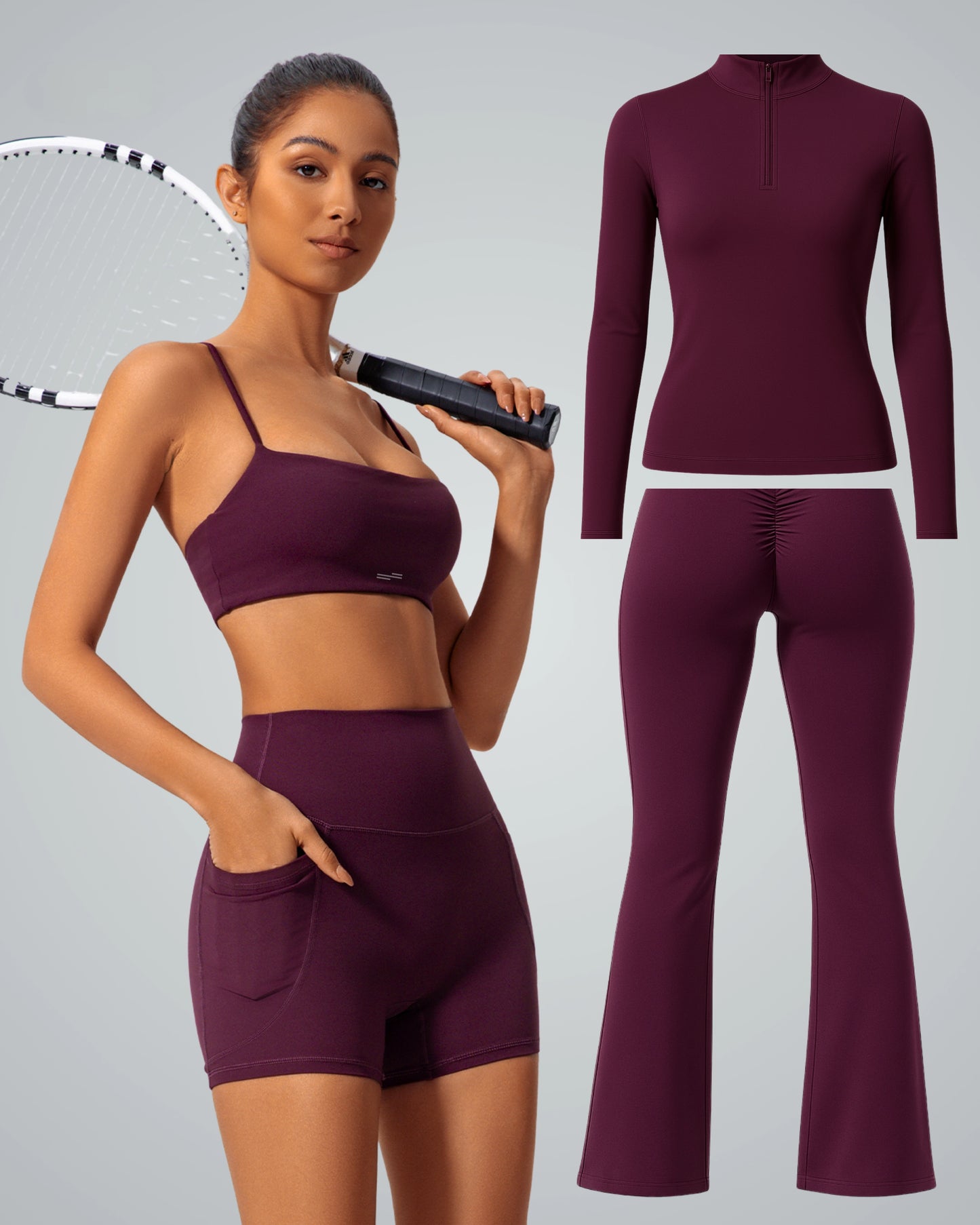 Burgundy Bandsam FluidForce Set of 4 activewear including sports bra, shorts, high-neck top, and pants for performance and style.