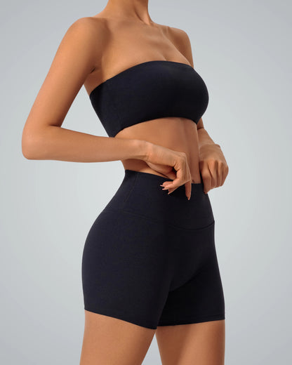 Woman wearing Bandsam LushBreeze Bra, a strapless bandeau for comfort and style, ideal for activewear, yoga, and outings.