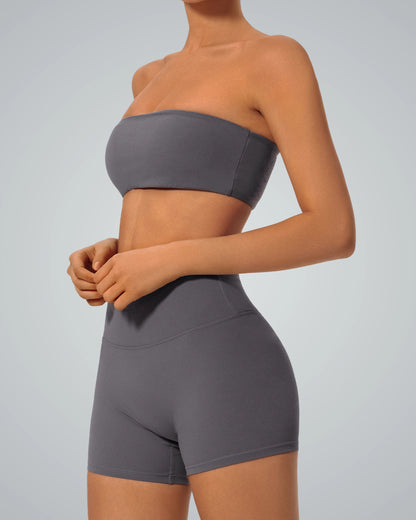 Woman wearing Bandsam LushBreeze Bra, a soft, strapless bandeau ideal for comfort, support, yoga, and activewear activities.