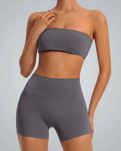 Woman wearing Bandsam LushBreeze Bra and shorts, showcasing stretch, comfort, and support for activewear, yoga, or lounging.