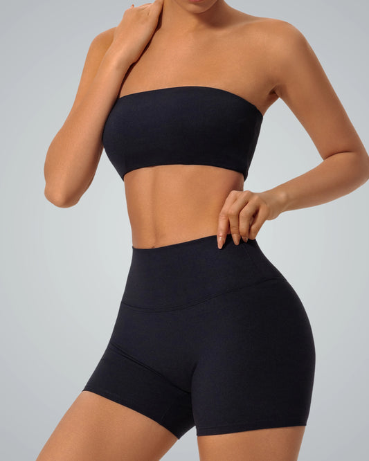 Bandsam LuxeEase Bandeau Set, seamless gym wear, matching workout set, two-piece activewear, minimalist style, high-waisted shorts, yoga set.