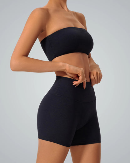 Bandsam LuxeEase Bandeau Set in black, featuring a seamless sports bra and high-waisted shorts, perfect for a stylish athleisure look.