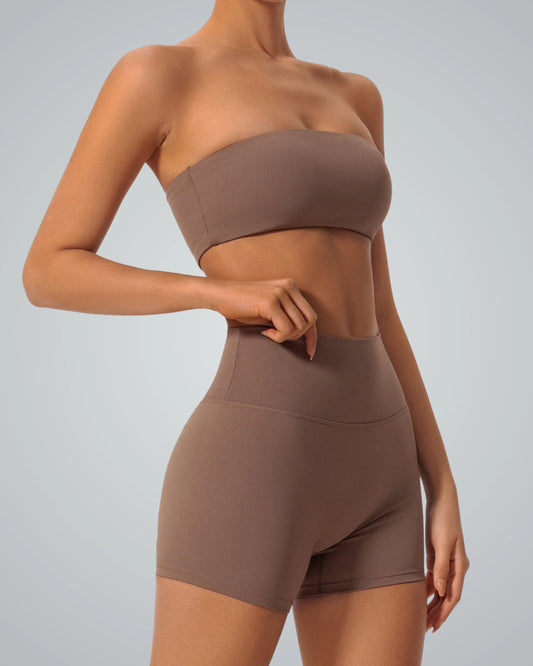 Bandsam LuxeEase Bandeau Set featuring a seamless matching workout set and high-waisted shorts, ideal for a trendy summer activewear look.