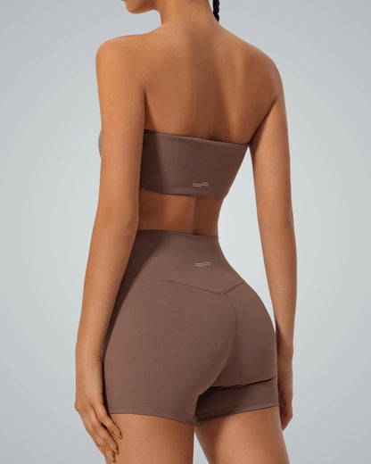 Bandsam LuxeEase Bandeau Set featuring a seamless gym set design with high-waisted shorts, perfect for summer activewear and athleisure style.