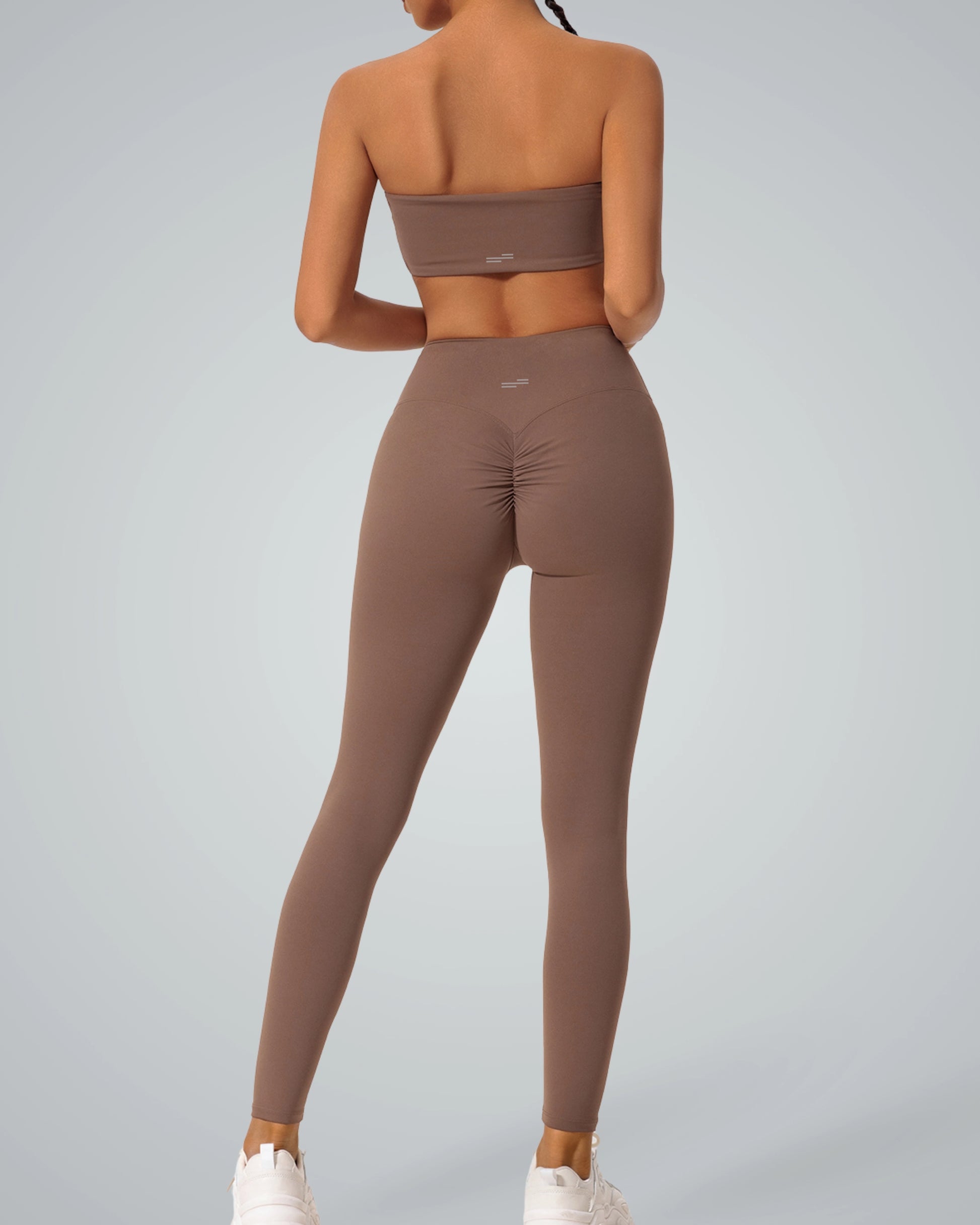 Bandsam LuxePulse Active Set in brown, seamless gym set, featuring a bandeau top and high-waisted leggings, perfect summer activewear.