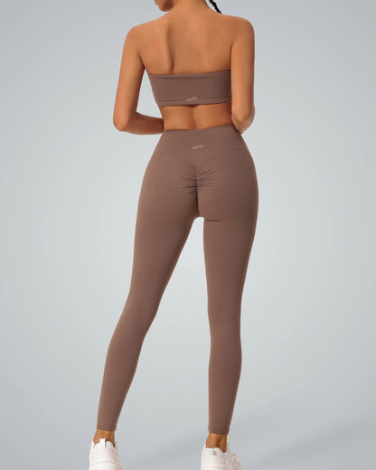 Bandsam LuxePulse Active Set in brown, seamless gym set, featuring a bandeau top and high-waisted leggings, perfect summer activewear.