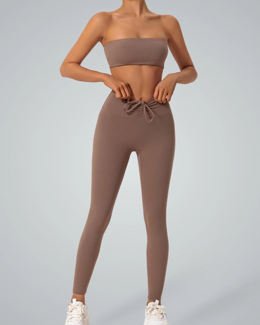 Bandsam LuxePulse Active Set in brown, featuring a bandeau top and high-waisted leggings, perfect for a seamless two-piece workout ensemble.