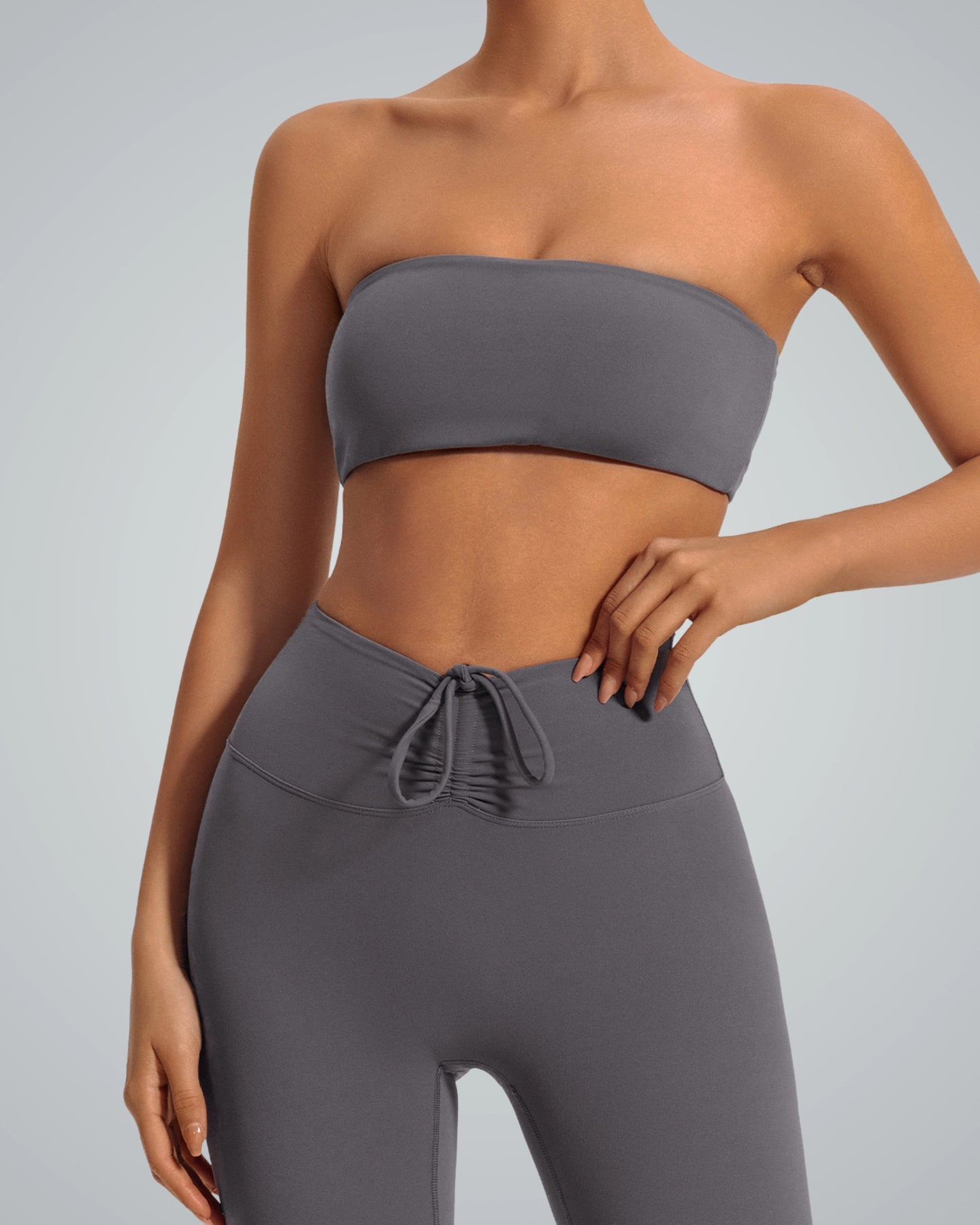 Bandsam LuxePulse Active Set: Seamless grey bandeau and high-rise leggings, perfect for matching workout sets and athleisure styling.