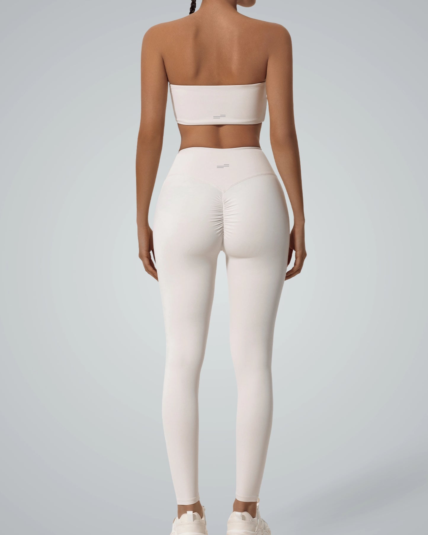 Bandsam LuxePulse Active Set in white featuring bandeau top and high-rise leggings, seamless gym co-ord for stylish workouts and athleisure.