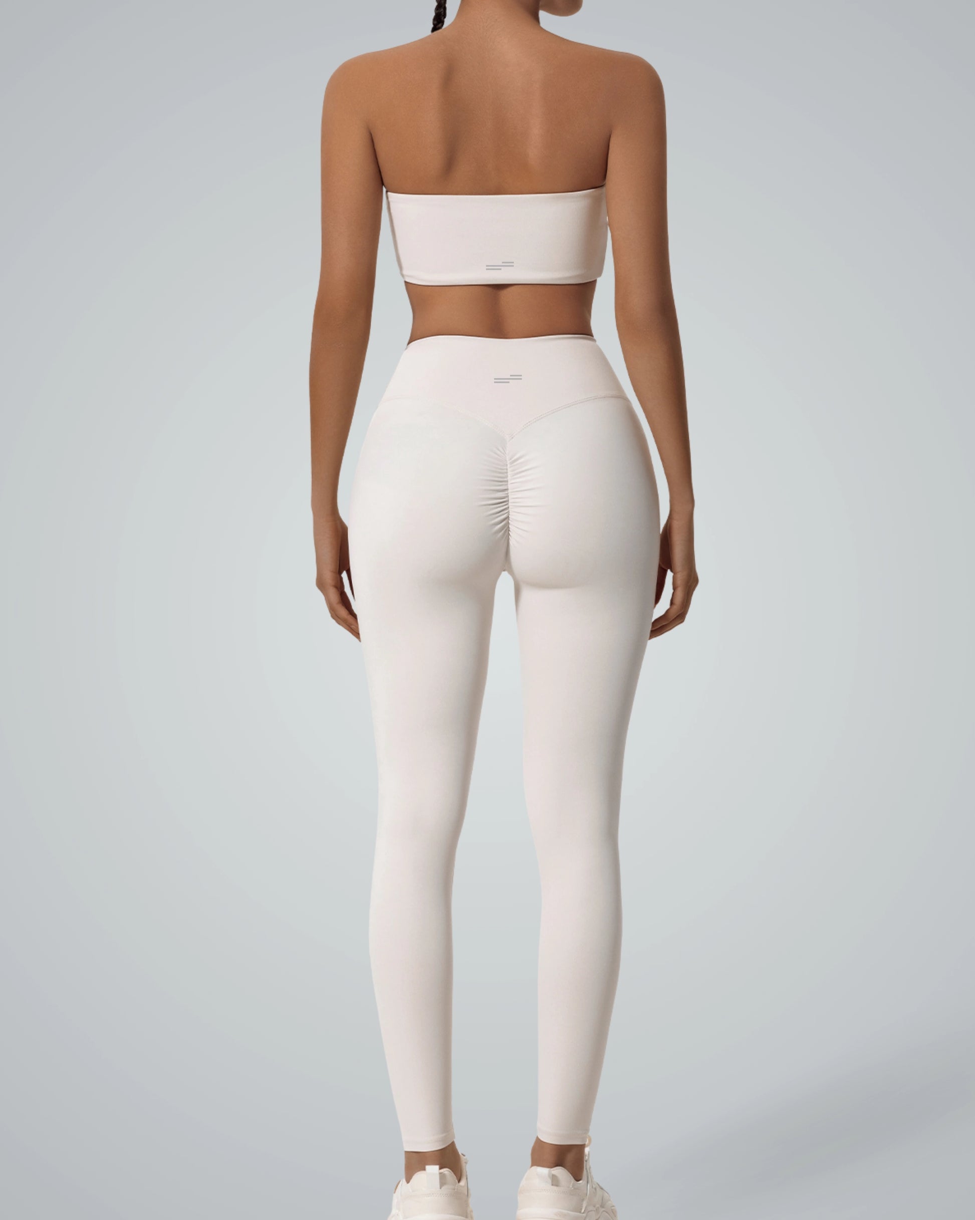 Bandsam LuxePulse Active Set in white featuring bandeau top and high-rise leggings, seamless gym co-ord for stylish workouts and athleisure.