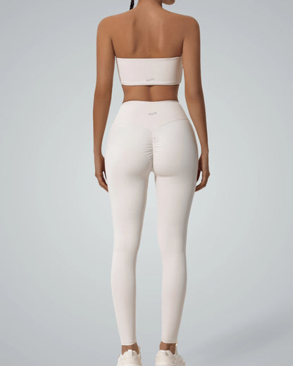 Bandsam LuxePulse Active Set in white featuring bandeau top and high-rise leggings, seamless gym co-ord for stylish workouts and athleisure.