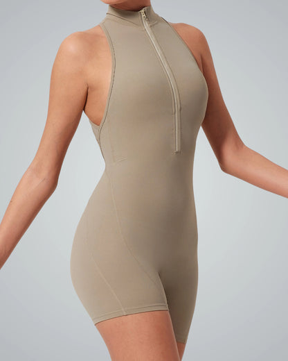 Woman wearing Bandsam Midnight Motion Bodysuit, showcasing stretch activewear for yoga, pilates, and casual outings.