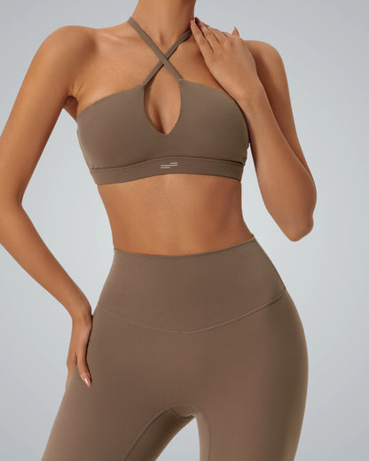 Bandsam Oasis Fitwear Set: Sleek brown two-piece activewear with crop top and high-waisted leggings, perfect for gym or casual wear.