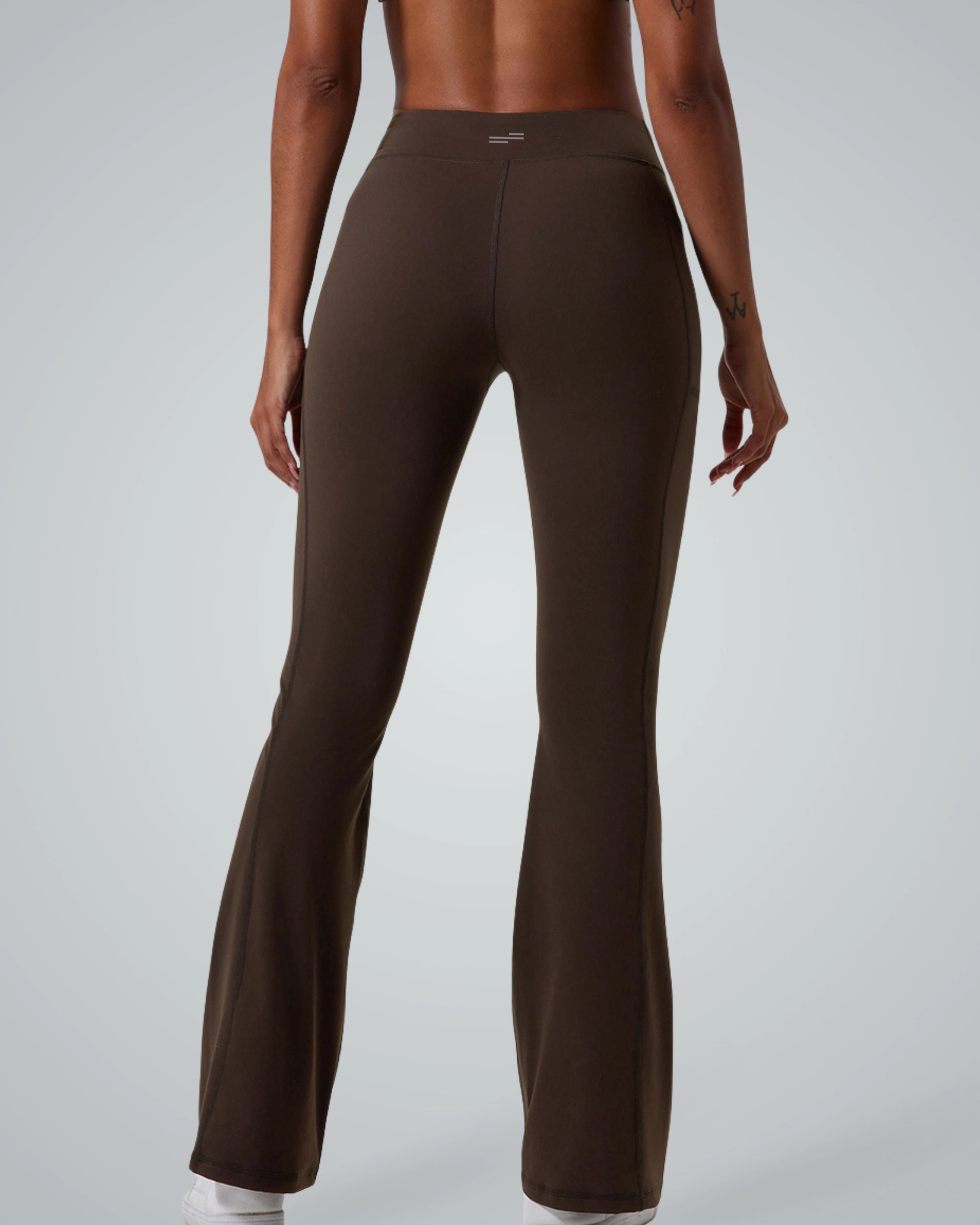Rear view of Bandsam PeakFit Pocket Leggings in brown, high-waisted and flared, ideal for stretch, comfort, activewear, workout, and yoga.
