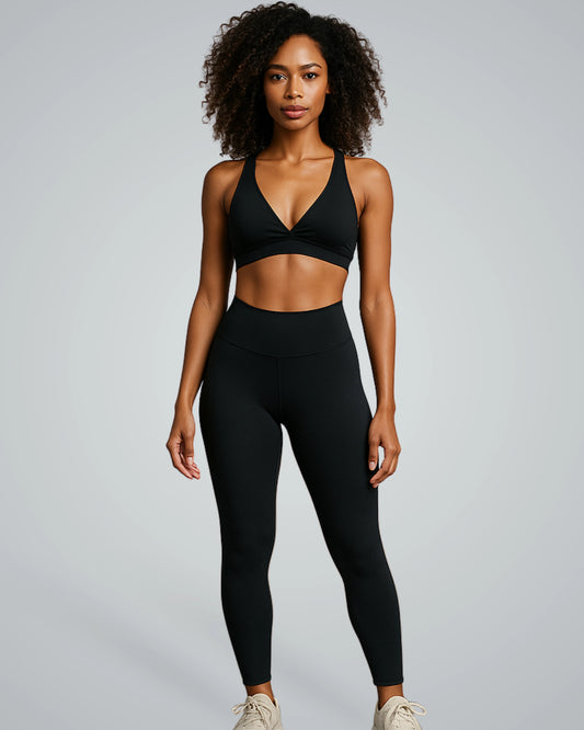 Bandsam PureFlex Set featuring a V-neck sports bra and high-waisted leggings, seamless gym set for women, ideal athleisure co-ord.