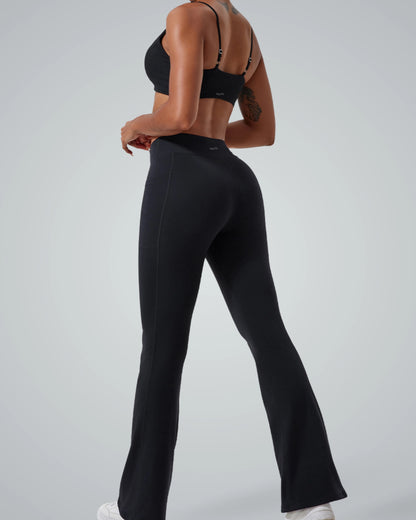Bandsam SculptEase Set: twist-front sports bra and high-waisted V-shaped flared trousers; perfect seamless gym set for women.