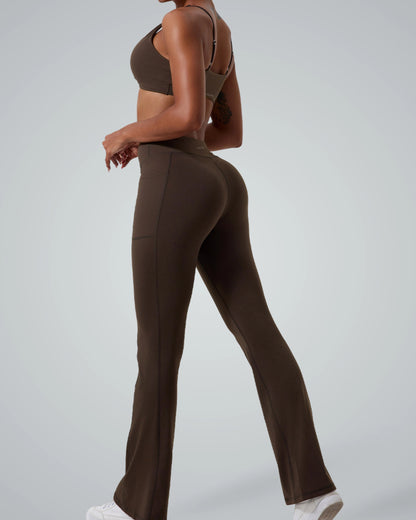 Model wearing Bandsam SculptEase Set, a seamless gym outfit with a twist-front sports bra and high-waisted V-shaped flare leggings in brown.