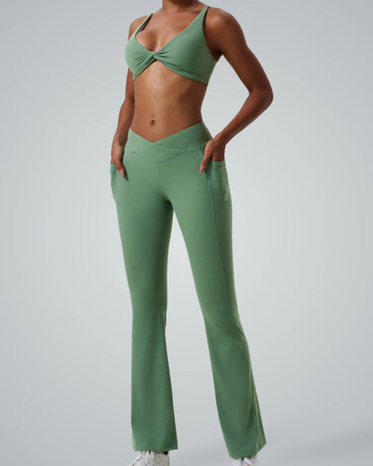Bandsam SculptEase Set: twist-front sports bra, high-waisted flared leggings; minimalist, seamless, sweatproof yoga and gym activewear.